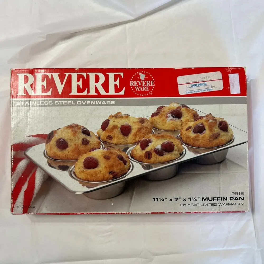 Revere Ware Stainless Steel 6 Cup Muffin Cupcake Pan Vintage Heavyweight NEW